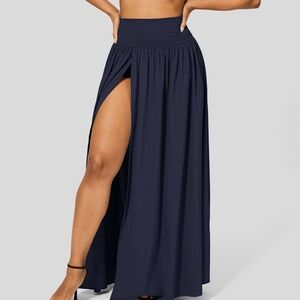 Halara womens maxi skirt L navy blue bottoms athletic casual skort long slit leg